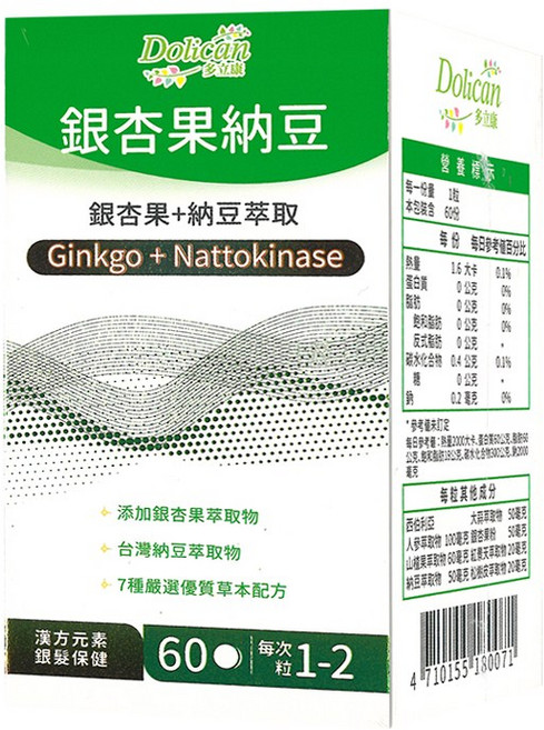 多立康 銀杏果納豆激酶 (每粒含2000FU納豆激酶/紅景天/銀杏/刺五加/松樹皮), 1個, 60顆
