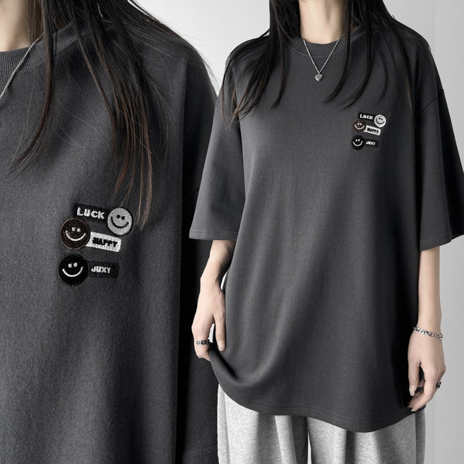 레이디스룸 국산 남녀공용 특양면 오버핏 스마일 자수 빅사이즈 박스 반팔 티셔츠