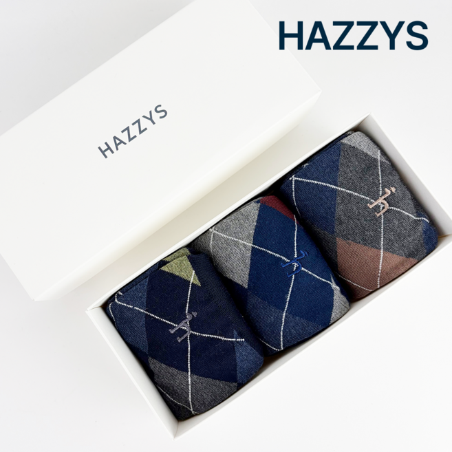 [정품] 헤지스 아가일 남성 중목 양말 3종 세트 선물포장 쇼핑백