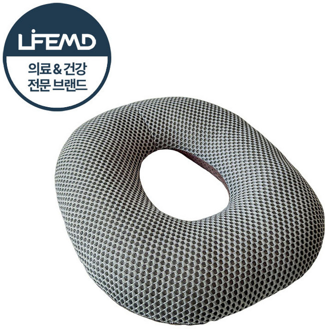 라이프엠디 원형 도넛 방석 임산부 산모 통풍 쿠션 치질 꼬리뼈 통증 방지 메모리폼 에어 매쉬 기능성 도너츠 차량용 휴대용 다용도 베개, 1개, 그레이
