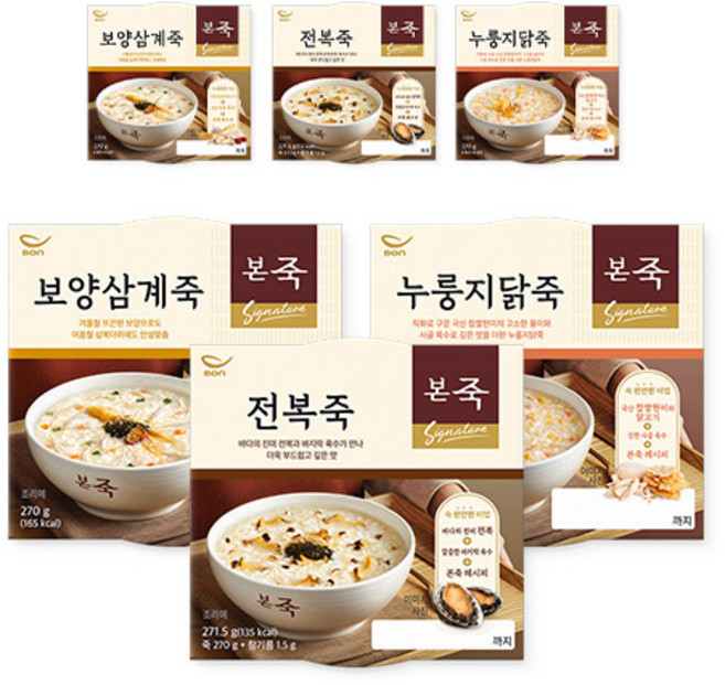 [본죽] 냉장죽 세트B(전복죽 2컵+보양삼계죽 2컵+누룽지닭죽 2컵) 총6컵, 270g, 6개