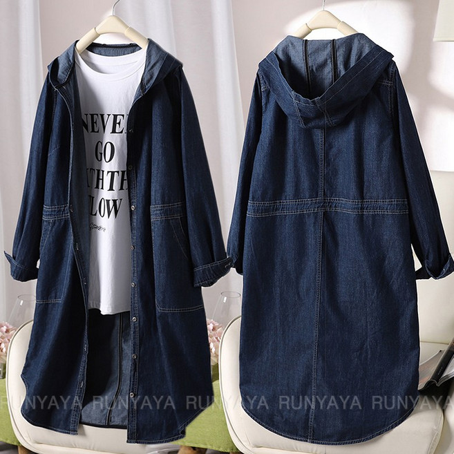 여성 후드 데님 자켓 빅사이즈 아우터 롱코트 롱자켓 봄 가을 청 바람막이 점퍼 여자 상의 D99U