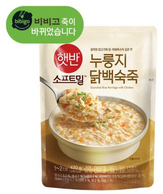 (상온) 비비고 누룽지닭백숙죽 420g, 4개