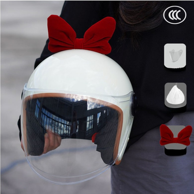해피유통 오토바이 헬멧 소녀 리본 사계절 공용 여성 안전모 jhzhq, 베이지-레드 리본-연장투명 고글