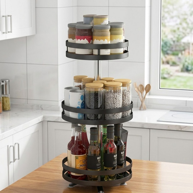3단 회전 양념통 정리대 주방 코너 선반, 1개, 블랙
