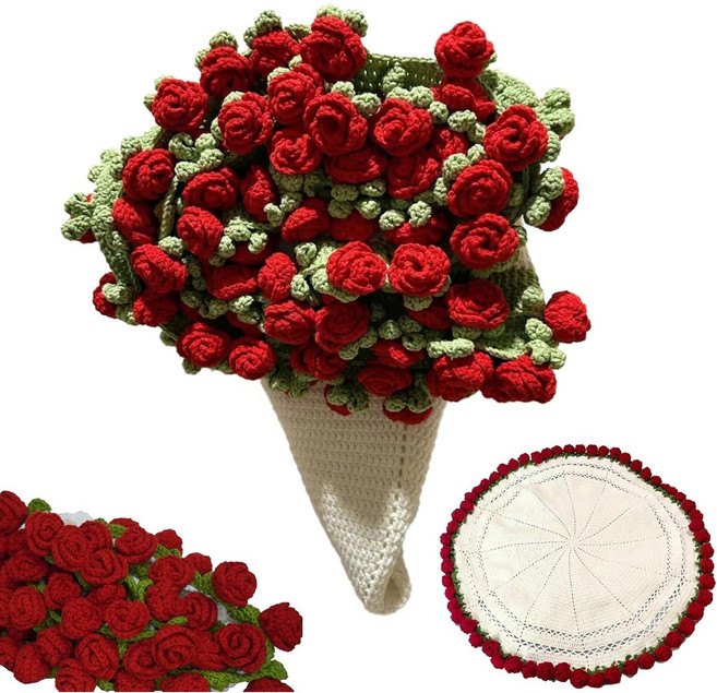루이 핸드메이드 3D 장미꽃 뜨개질 담요 DIY 키트 영원히 시들지 않는 꽃다발 담요, 붉은색, 1개