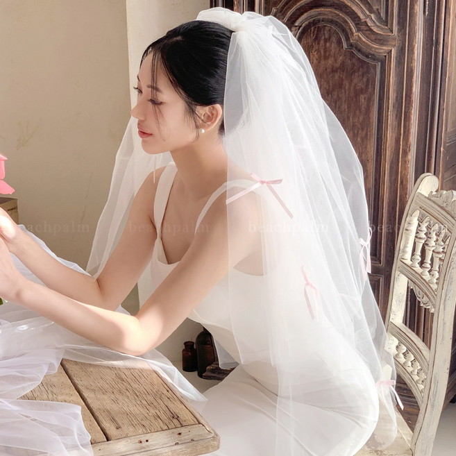 [비치팜] 네티 핑크 리본 웨딩 베일 면사포 롱 브라이덜샤워 파티 촬영 소품