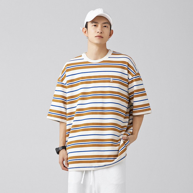 HANYO 남녀공용 스트릿 빈티지 배색 스트라이프 루즈핏 반팔티
