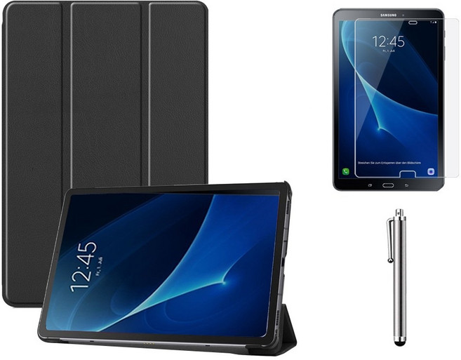 갤럭시탭A6 10.1 with Spen 호환 북커버 케이스+액정보호필름+터치펜 SM-P580 P585 케이스나라 S펜, 블랙