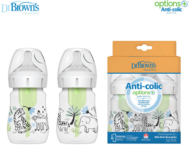 닥터브라운 와이드넥 옵션스 플러스 디자이너 에디션 PP 젖병 2P, 150ml 2P 정글친구들, 150ml, 2개