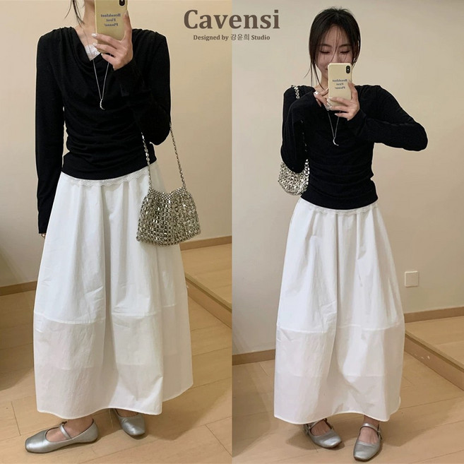 Cavensi 大傘擺蛋糕長裙 A字裙 鬆緊腰半身裙