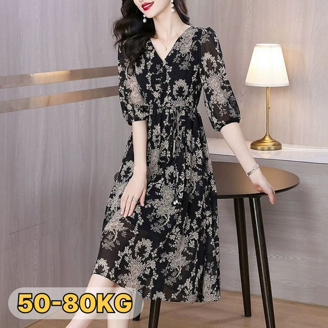 중년여성 플라워 쉬폰 반팔 미디 원피스 여름 시원한 오버핏 원피스 40대50대60대 빅사이즈