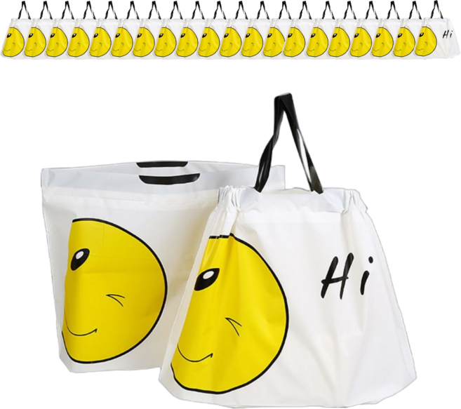 해피쇼핑 스마일 선물 포장 비닐 반투명 봉투 손잡이 쇼핑백 복주머니 간식 테이크아웃봉투, 20개