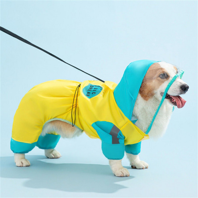 반려동물 강아지비옷 소형견 중형견 후디 망토 레인코트 투톤 배색 웰시코기 애견비옷, 노랑색, 1
