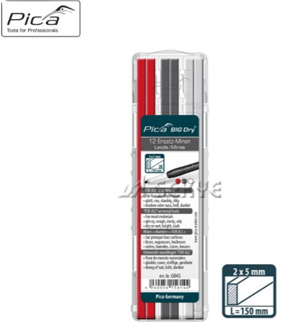 PICA 피카 사각샤프심 흑 적 백 6045 2x5mm 1통12개입 목공샤프심 석필 기아기바늘