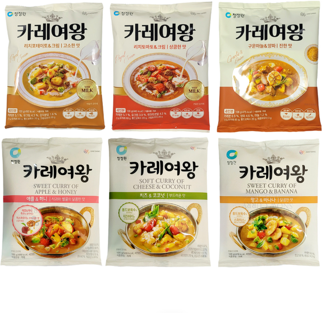 청정원 카레여왕 리치포테이토100g+리치토마토 100g+구운마늘 108g+애플허니 108g+치즈코코넛 108g+망고바나나 108g 분말카레, 1세트, 632g