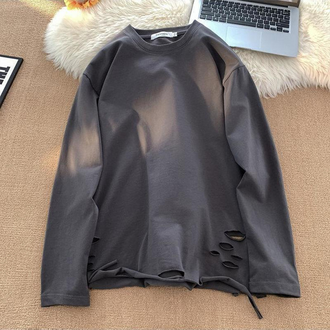 해피유통 남성 찢어진 티셔츠 솔리드 긴팔 이너 박시 톱 이너 jhn