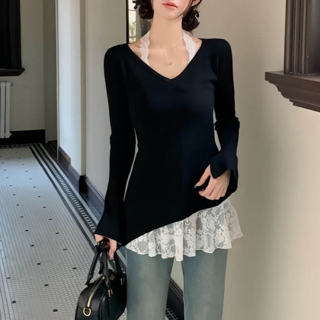 Makone 여성 홀더넥핏 긴팔 티 레이어드 투인원 브이넥 레이스 밑단패치 트랜드 프렌치 데일리 이너 예쁜 티셔츠