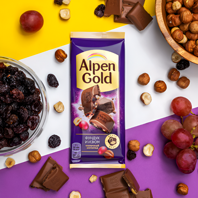 알펜 골드 헤이즐넛&건포도 밀크초콜릿 유럽 러시아 먹거리, 80g, 1개