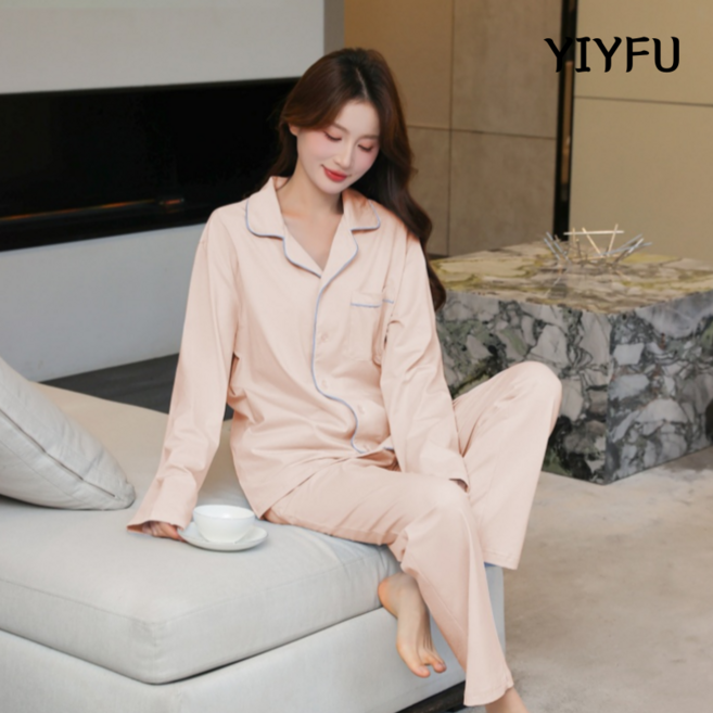YIYFU 긴팔 잠옷 사계절 남자 여성 파자마 파이핑라인 홈웨어 남녀 공용 긴팔 커플 잠옷 세트 사계절