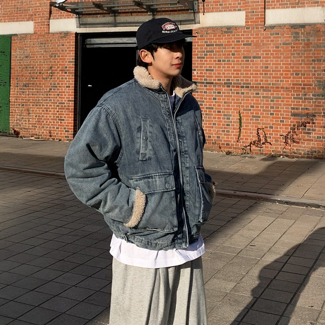 8위 - [2컬러]빈티 남자 루즈 오버핏 데님 양털 무스탕 자켓