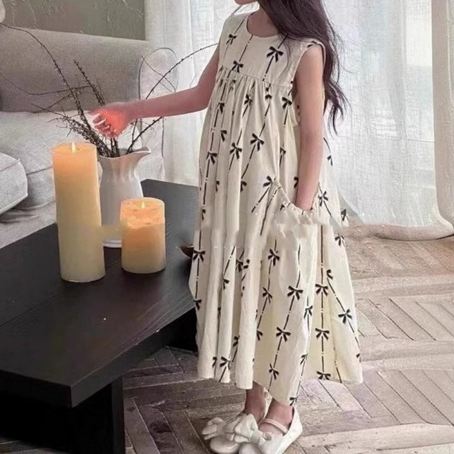 구빠방 아동 여아 리본 패턴 민소매 나시 셔링 롱치마 원피스