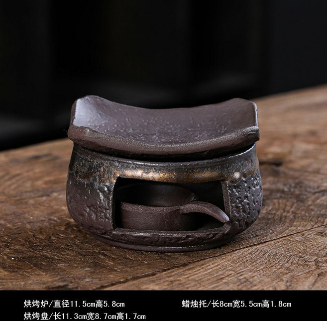 粗陶手作日式烘烤炉陶瓷熏香烤茶炉桌面蜡烛温茶炉, 1套, 鎏金圓烤茶爐+燭託+乾燒不裂瓦片-贈兩個蠟燭
