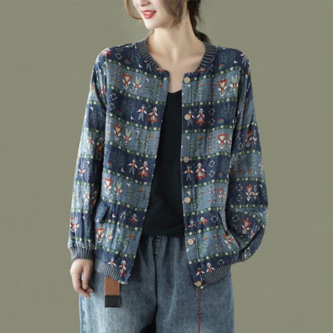 Makone 여성 루즈핏 스트라이프 캐주얼 프린트 린넨 간절기 캐주얼 집업 가디건 자켓