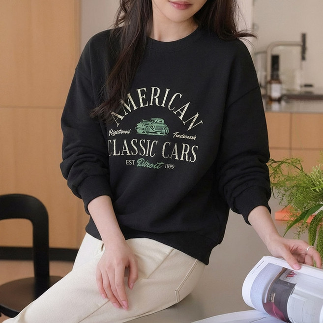 데일리앤 다이얼 오버핏 라운드넥 긴팔 빈티지 프린팅 맨투맨 여성 면 티셔츠