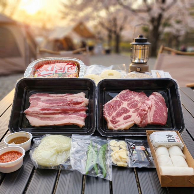 [내일도착/캠핑직송] 더누렁소 캠핑 바베큐 세트 16종 풀패키지 한돈 삼겹살 목살 밀키트, 400g, 1세트