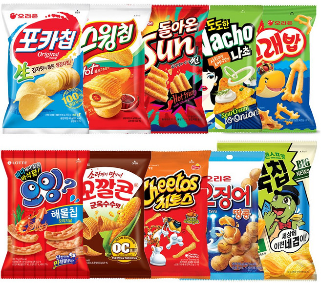 과자선물세트 2호 포카칩+스윙칩+썬칩+도도한나쵸+왕고래밥+오잉+꼬깔콘+치토스+오징어땅콩+꼬북칩 각1개씩, 1개