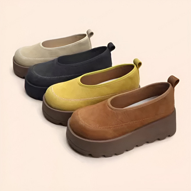 [5cm 키높이] 라운드토 슬립온 캐주얼 슈즈 여성용 통굽 플랫폼 레트로 로퍼 힐이 높은 로퍼 신발, 235, [1켤레] 캐러멜