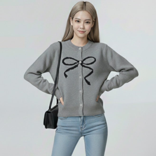 유니크코코 여성 간절기 리본 니트 가디건 봄 가을 5836