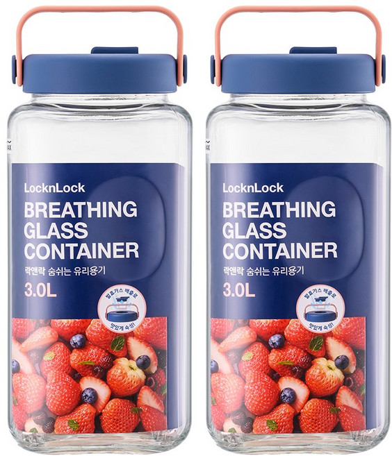 락앤락 숨쉬는 발효숙성 유리밀폐용기 핸들형 2+가쯔 세트 에어밸브 냉장고보관 담금주병/젓갈/장아찌/피클/매실통, 2개