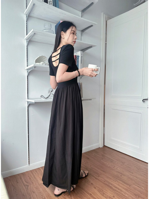 JinG 赫本風後美背短袖長洋裝, 黑色