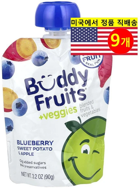Buddy Fruits 유아용 맛있고 영양이 풍부한 과일 야채 혼합 퓌레 이유식 파우치 90g 3개, 9개, 블루베리 고구마 사과 - 쿠팡