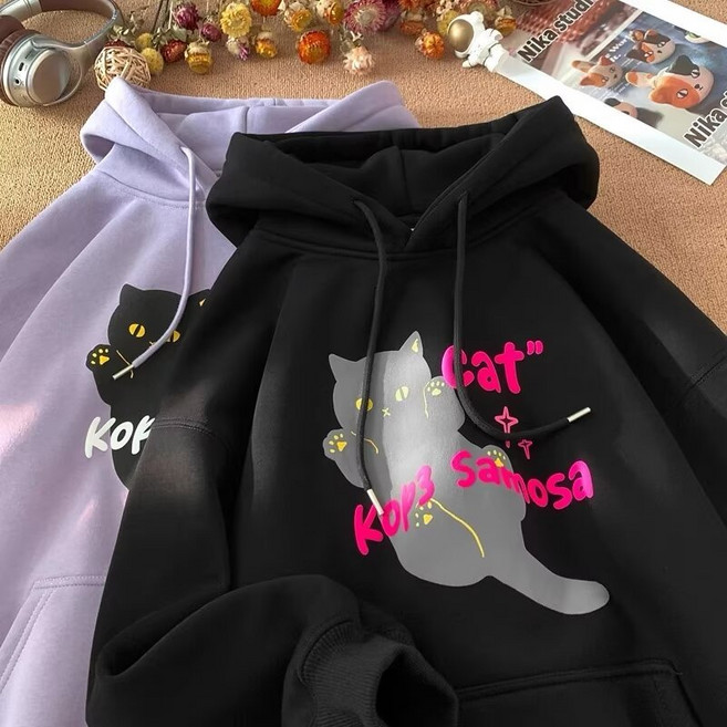 帽T【M-5XL】小貓可愛卡通印花韓版日系連帽上衣秋冬季新款oversize