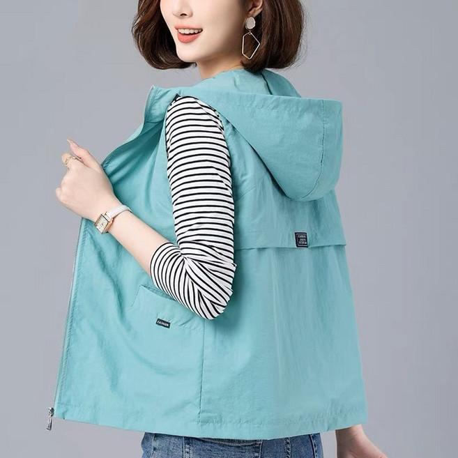 여성용 후드 포켓 조끼 여름 루즈핏 경량 민소매 집업 점퍼