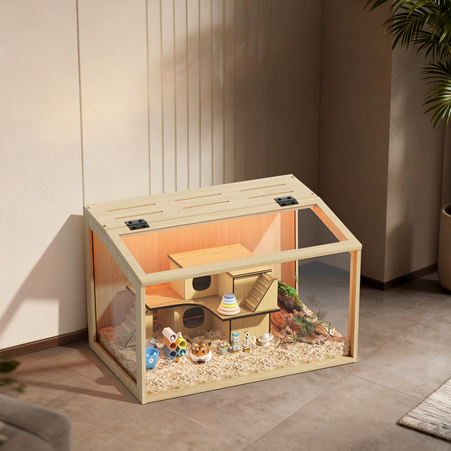 Bingopaw 투명 햄스터 케이지 대형 햄스터집 튼튼한 햄스터 하우스 USB 라이트 스트랩 강화유리 원목, 1개, 중형 60x40x40cm