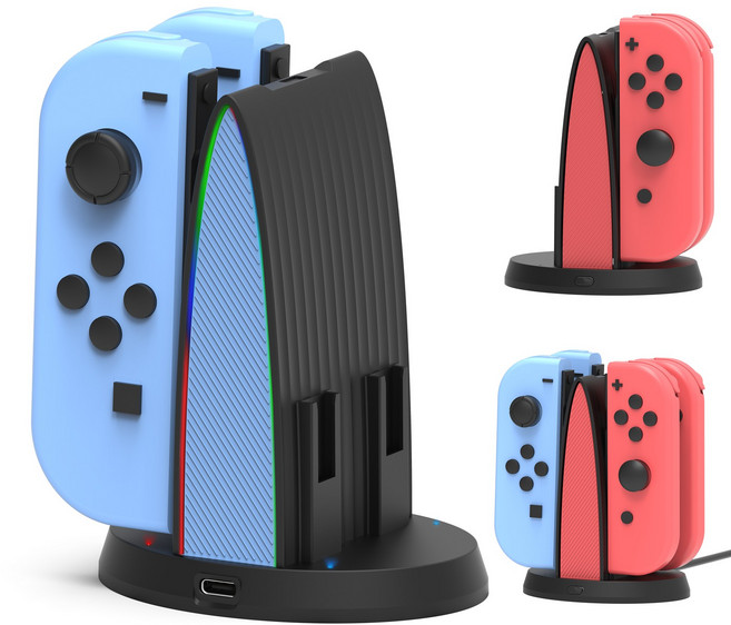 Vihimai 닌텐도 스위치 전용 조이콘 충전기 LED 조이콘 충전 도크 4 in1 충전기 거치대 스탠드, 1개, 빨강, W137