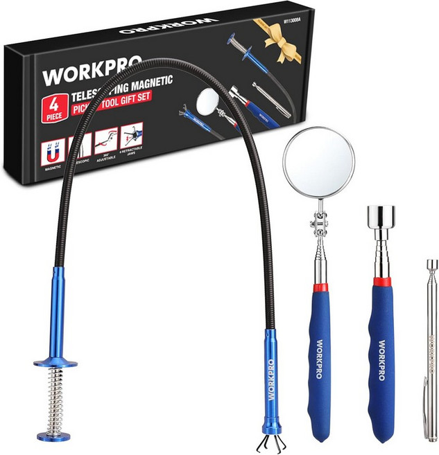 WORKPRO 자석청소기 금속수거 자석봉 못제거 워크프로 4PC 텔레스코핑 마그네틱 픽업 도구 키트 검사 거울 2PC 및 4개의 클로 그래버 포함 자동 수리용 세트, WORKPRO 자석청소기 금속수거 자석봉 못제거 워크프
