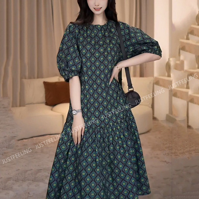 JUSTFEELING 퍼플소매 기질 원피스 패션 여성의류 날씬해보이는 A라인원피스 세련된 여성 모임룩 파티룩 라운드 롱원피스 M-5XL