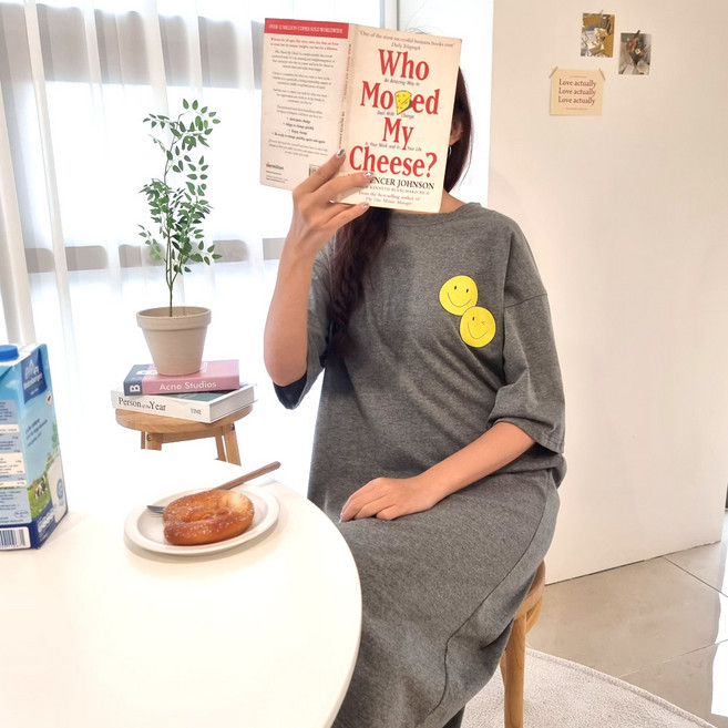 엘라운지 고퀄리티 국산 순면 레터링 스마일 반팔 원피스 홈웨어 잠옷