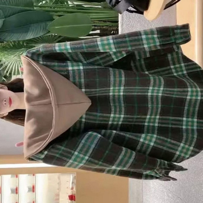 QEWBG 빅사이즈 여성 체크 셔츠 후드 티셔츠 가을겨울 미디 루즈핏 캐주얼 셔츠 자켓