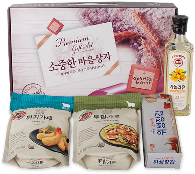 해표 명절선물세트 소중한마음상자4종(부침+튀김+오일+위생장갑)부침가루세트 오일세트 튀김가루세트 판촉물, 1세트