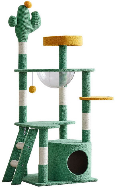 포조이 캣타워 | 간편 설치와 아름다운 디자인 | 원목 고양이 캣폴과 고양이집 | 실내 고양이 놀이터와 휴식 공간 | 고양이 전용 다기능 캣타워, 1개, 초록색