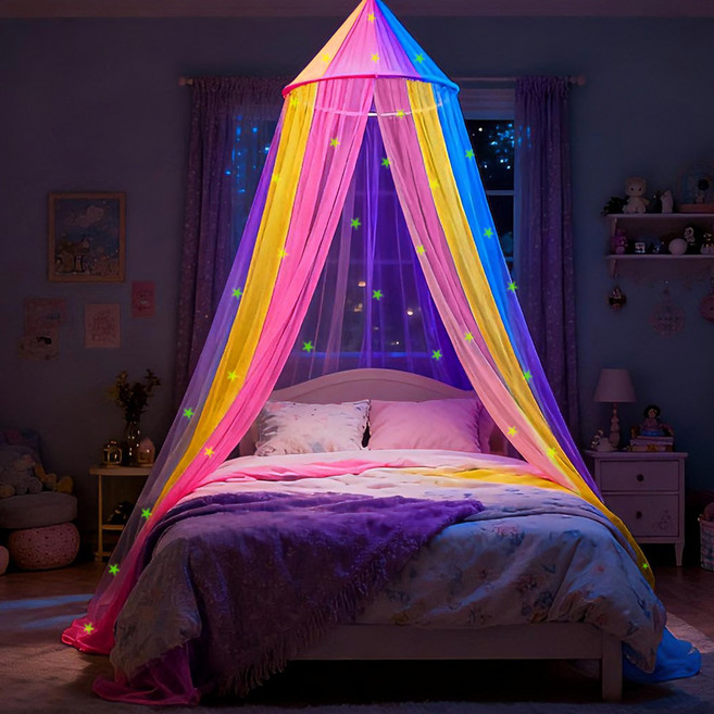 ONETOSE 야광 아이방커튼 모기장겸용 공주방커튼 어린이방커튼 설치용 인테리어 침대 캐노피, 무지개 야광