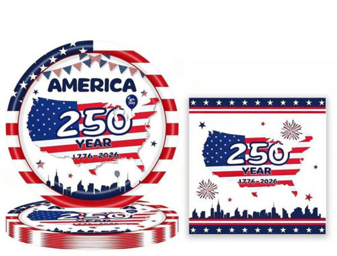 40pcs 250th Anniversary 4th Of July Paper Plate With Napkins 7inch American Flag Disposable Indepe