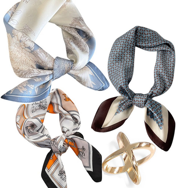 바이제이알 여성 클래식 쁘띠 블루 사각스카프 70x70 3종세트 스카프링 포함 여성스카프 목스카프 봄 가을 데일리 코디