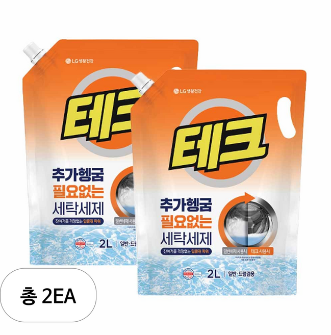 테크 추가헹굼 필요없는 액체세제 일반 / 드럼 겸용 리필, 2L, 1개입, 2개